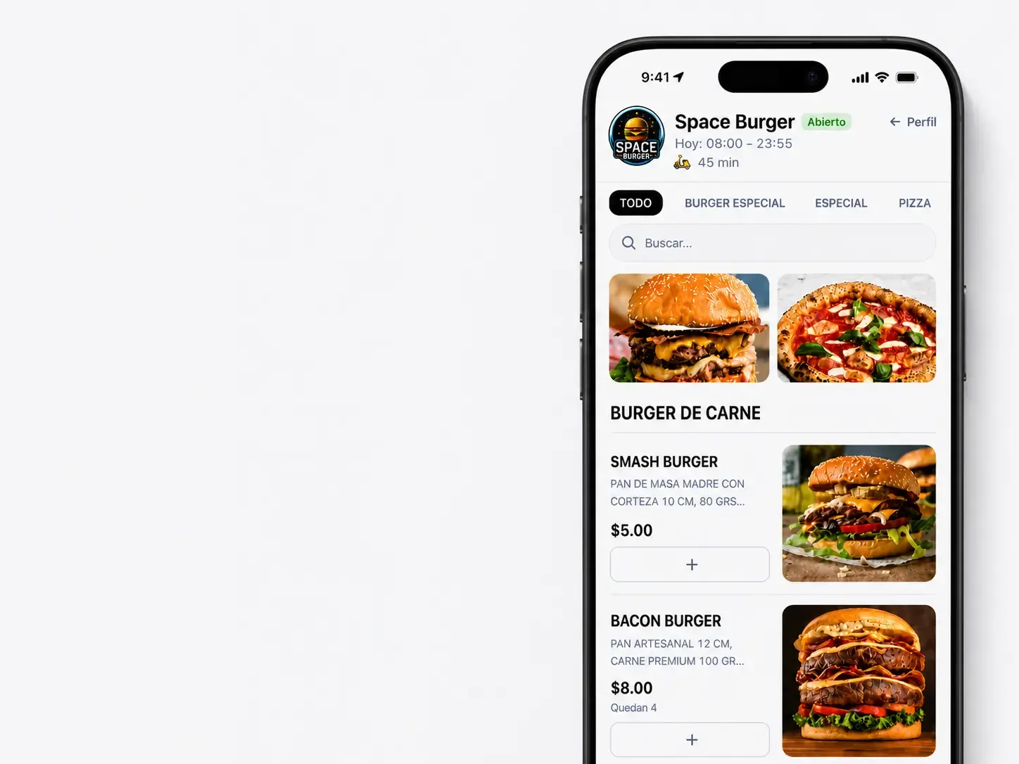 Tienda online Space Burger mostrada en un teléfono