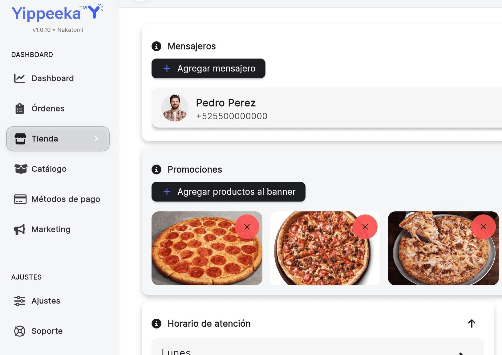Panel de Yippeeka para configurar la tienda, productos y métodos de pago
