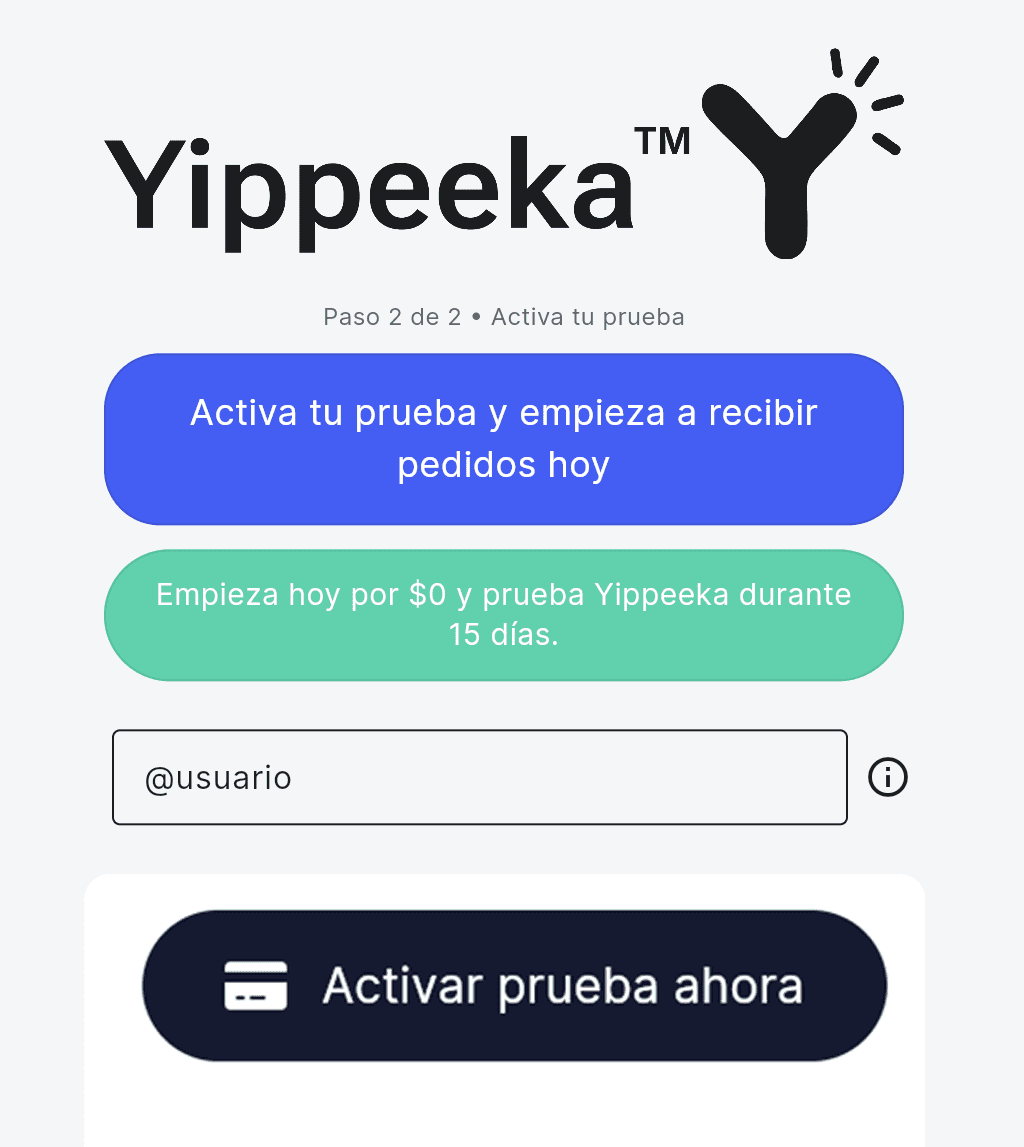Pantalla de Yippeeka para activar los 15 días gratis